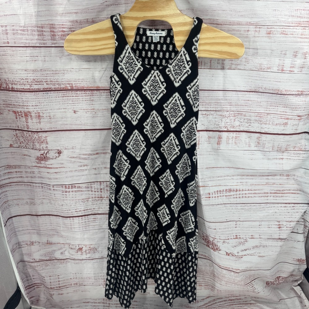 Tommy Bahama Dress XS Black White Geometric Ikat Sharkbite Hem Sleeveless